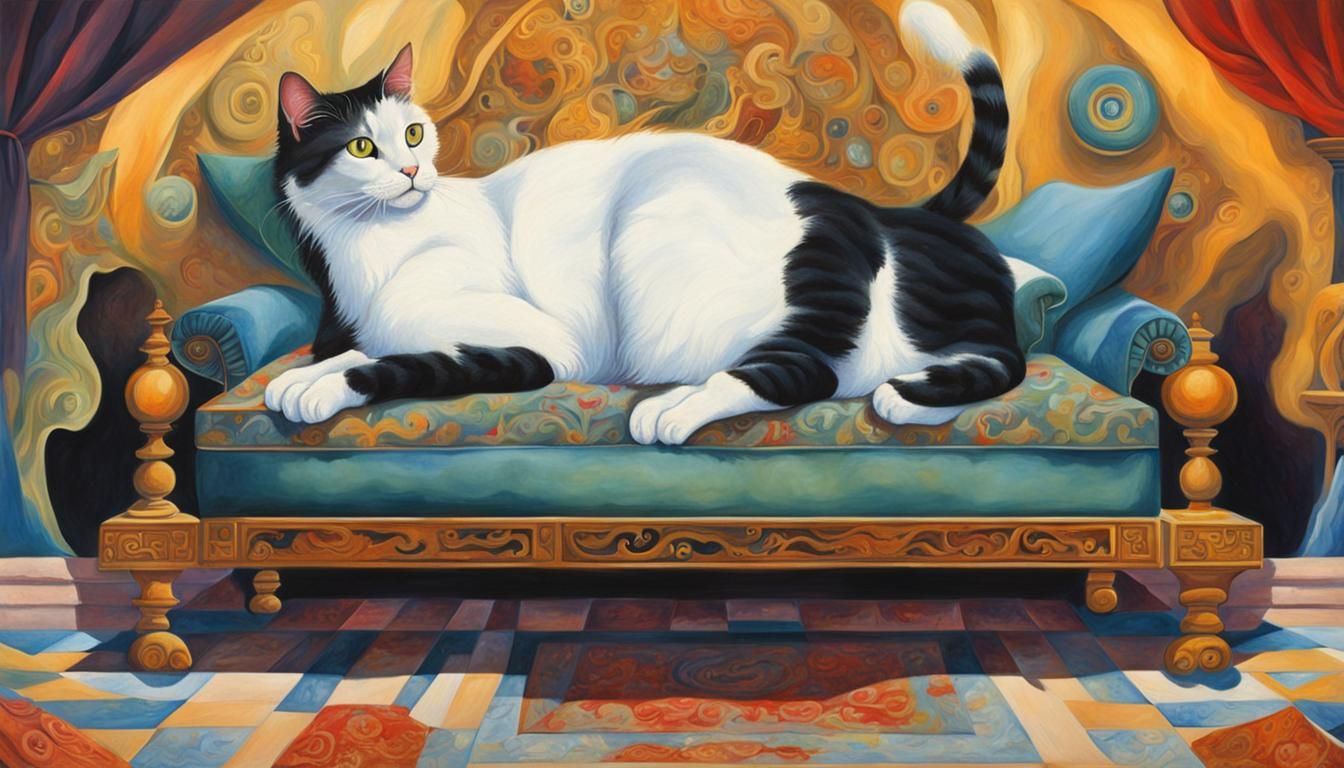 Cat on Pillow in Surreal Landscape Painting