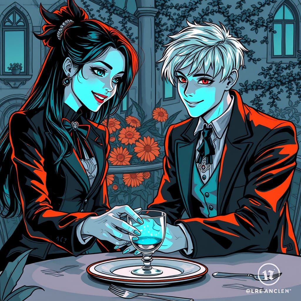 Gothic Couple Set Up Garden Table in Black and White Ink Lin...