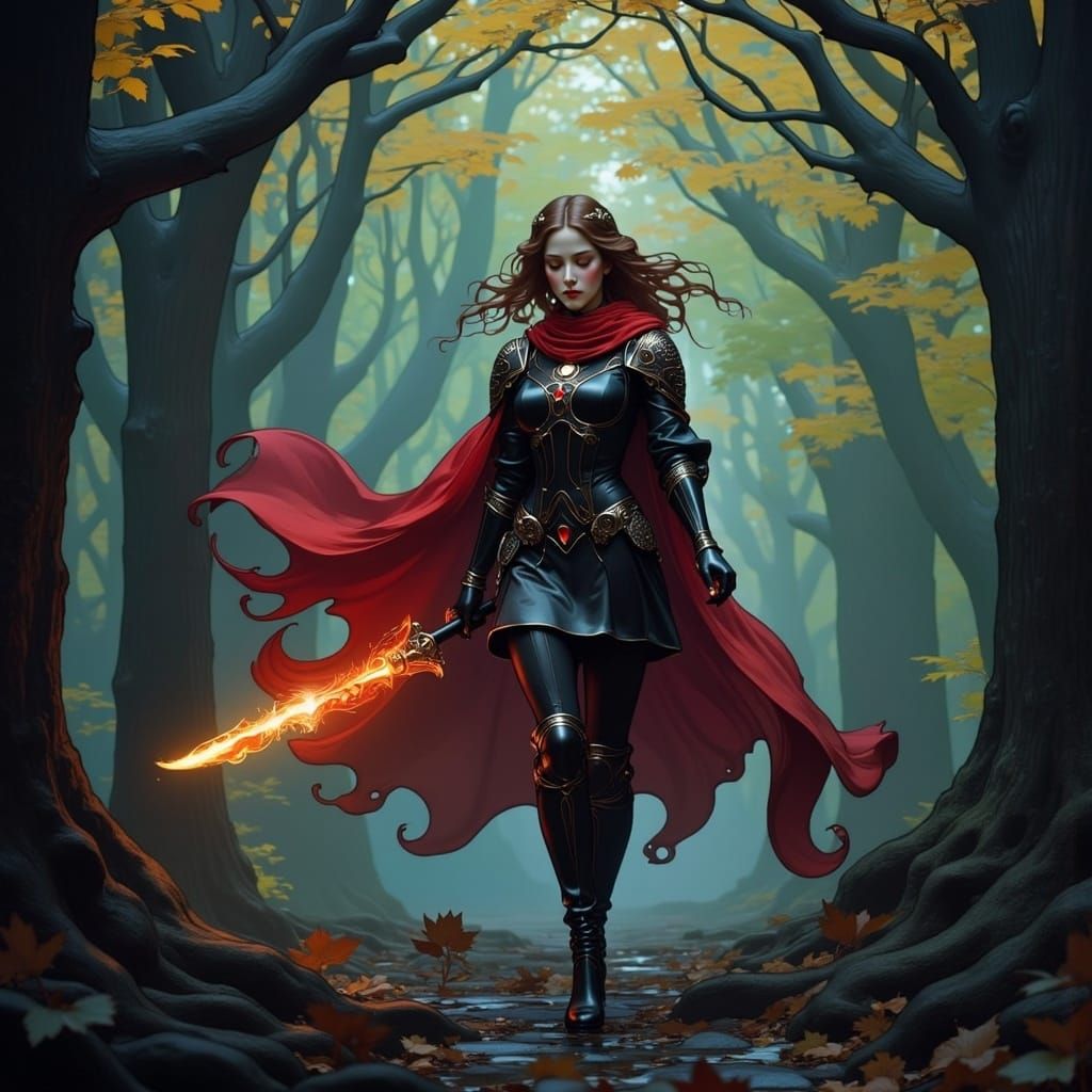 Warrior Woman in Mystical Forest, Art Nouveau Style