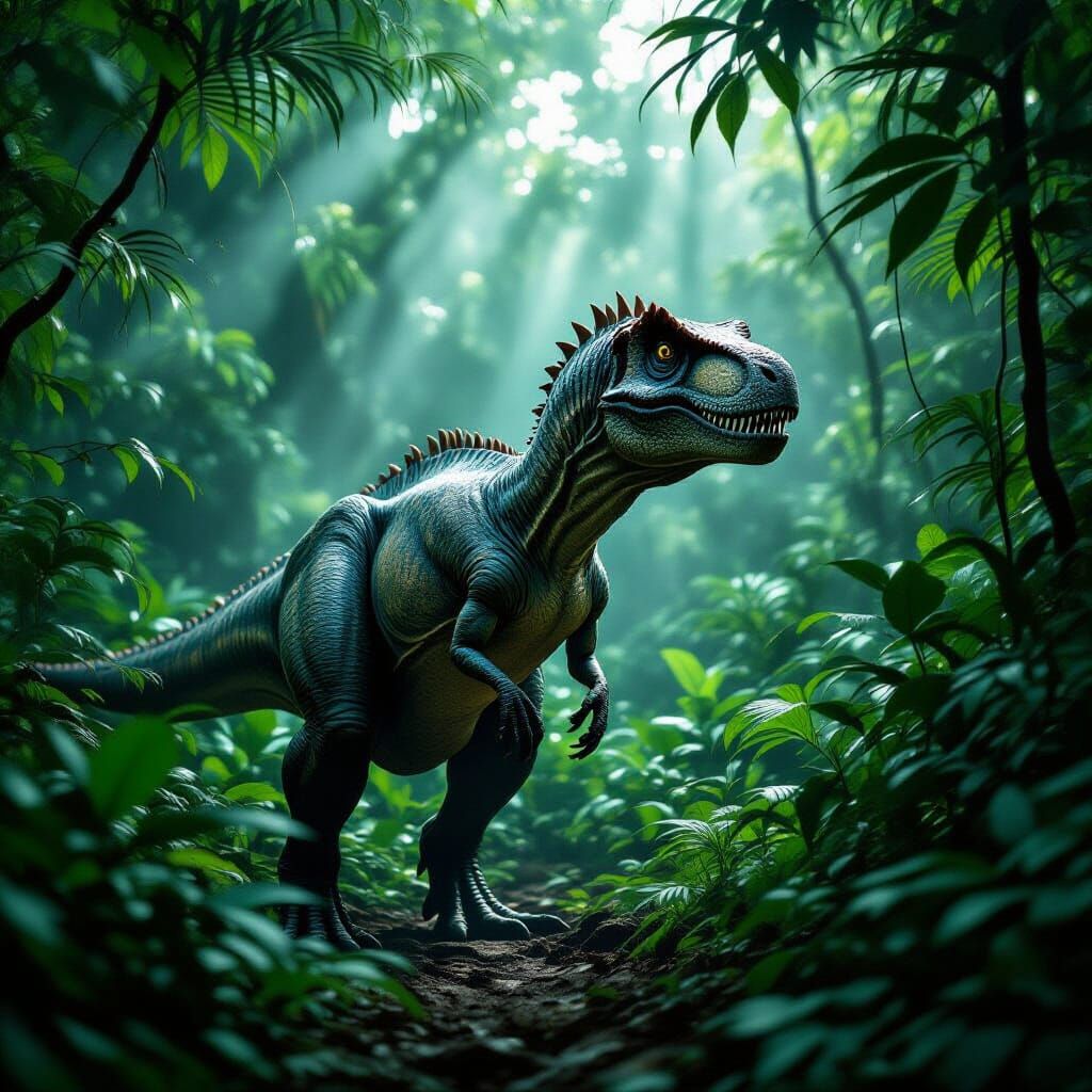 Camouflaged Dinosaur in Rainforest, Cinematic Style