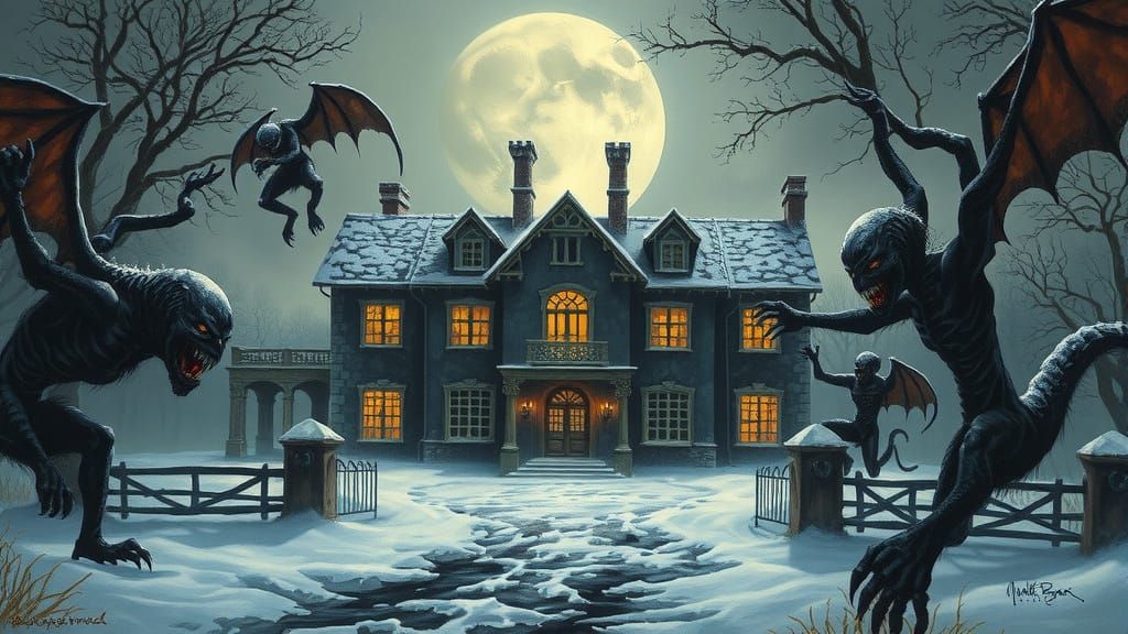 Ominous Manor Haunted by Demons in Winter