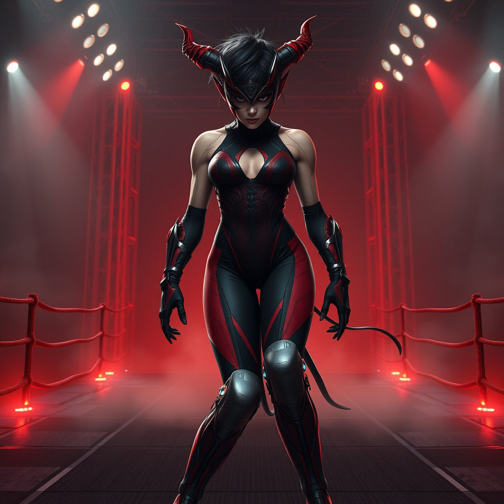 Female Wrestler in Demon Suit on Industrial Stage