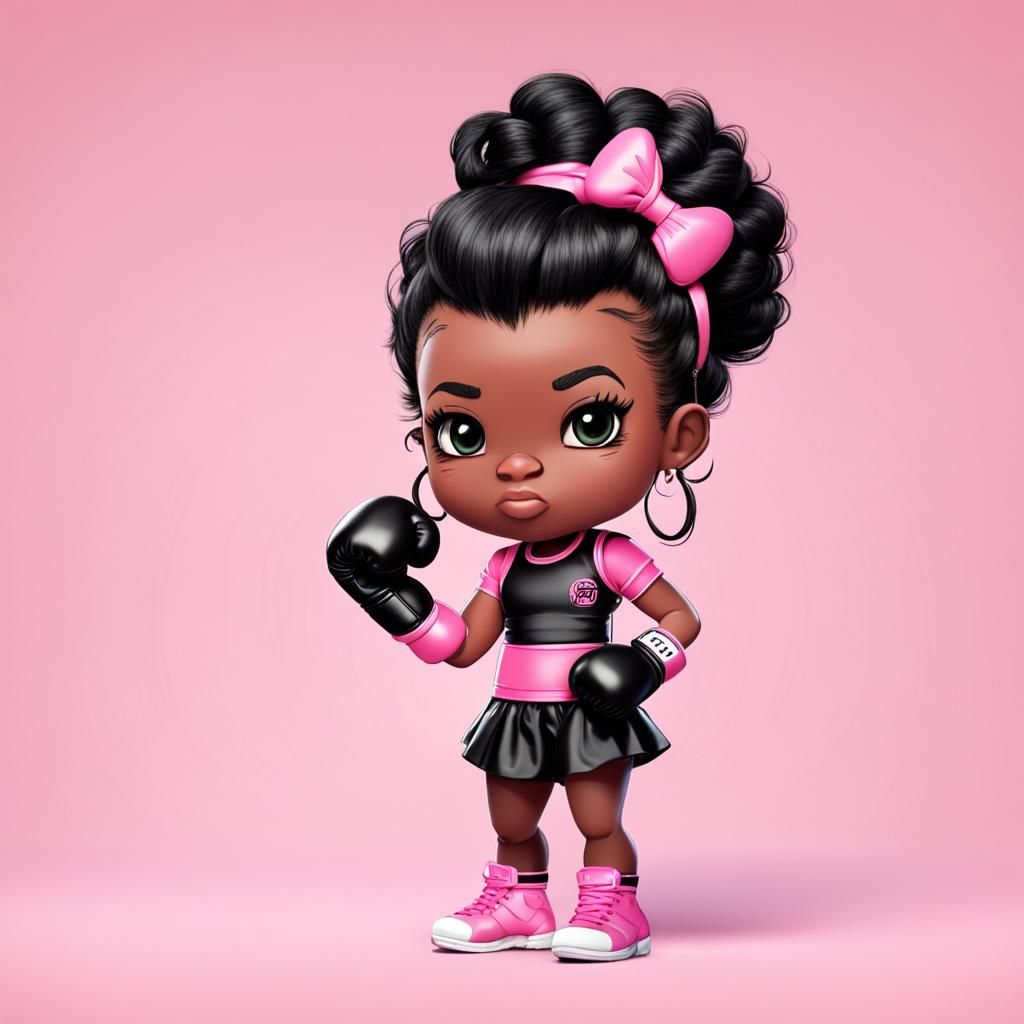 Chibi Black Woman in Pink Outfit with Boxing Gloves