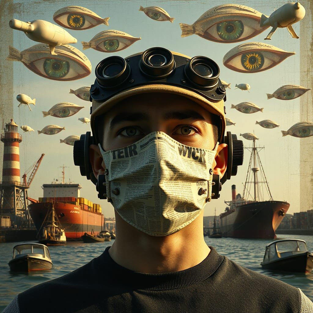 Surreal Steampunk Industrial Harbor with Lighthouse