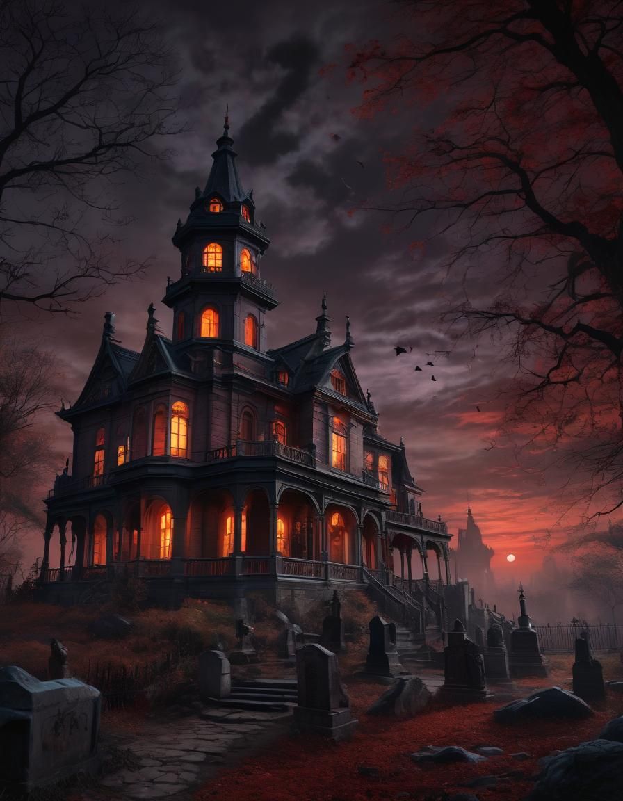 Haunted Mansion with Ghost in Gothic Fantasy Art