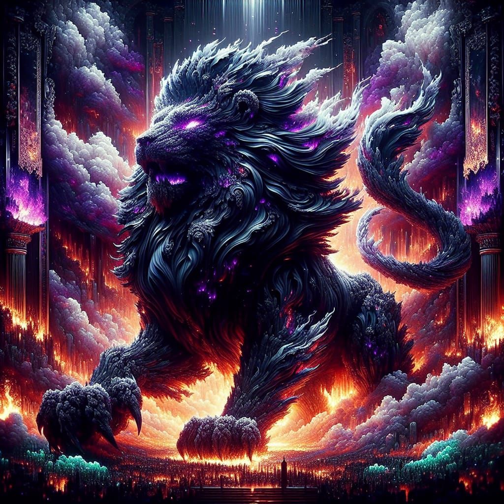 Cloud Lion in Apocalyptic Inferno: Digital Illustration
