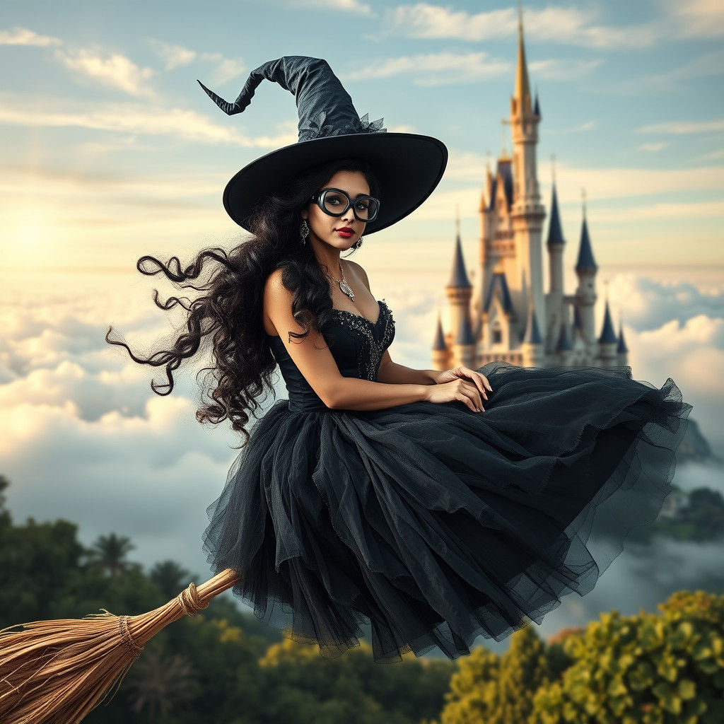 Whimsical Witch Flying to Fairy Castle Ball