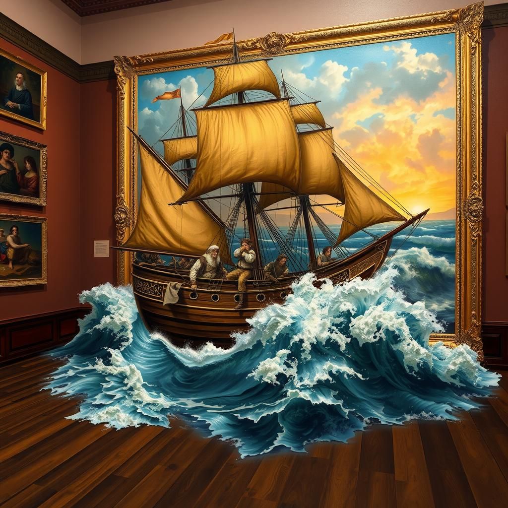 Pirate Ship Emerges from Seascape Oil Painting