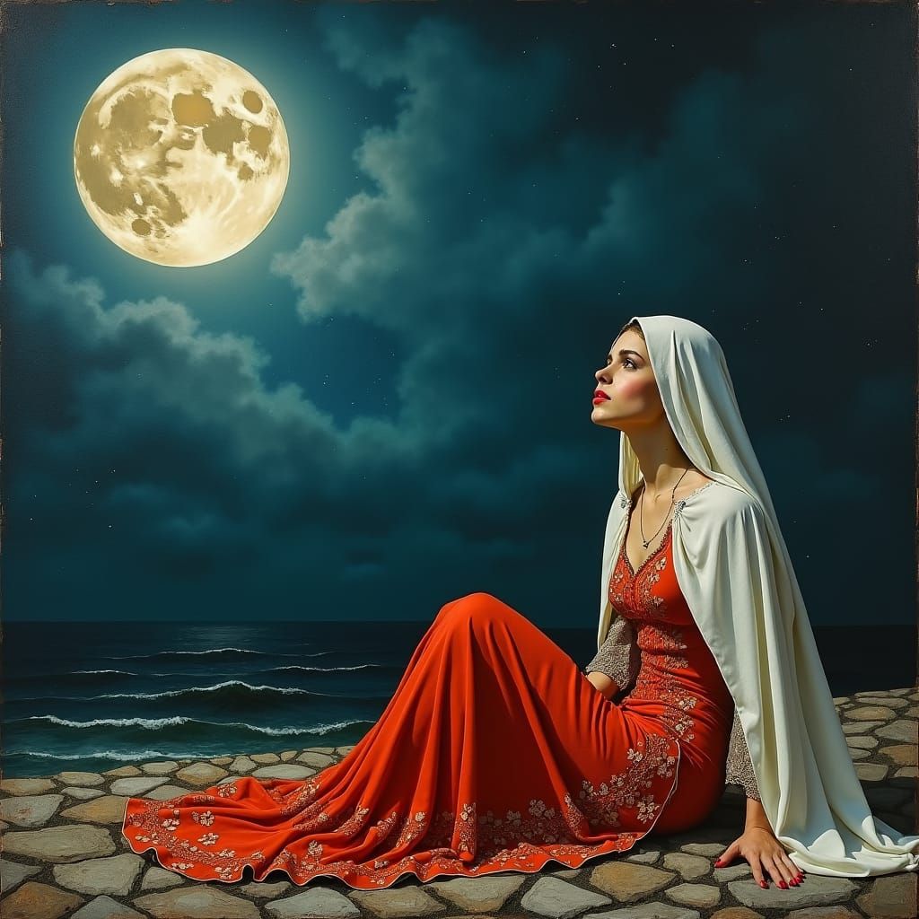 Melancholic Gypsy Woman Under Moonlight, Evocative Art