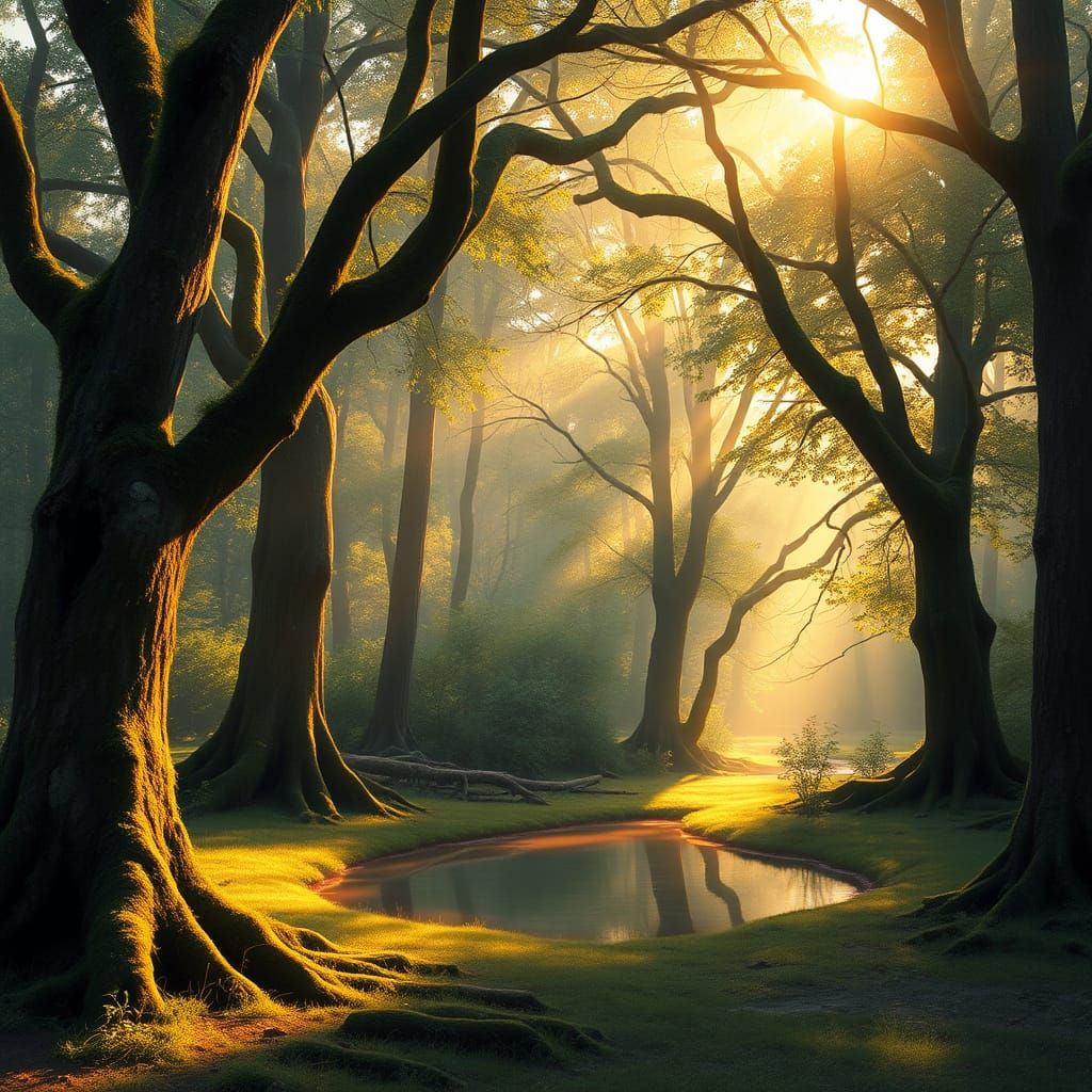 Sun-Dappled Forest Clearing with Tranquil Pond