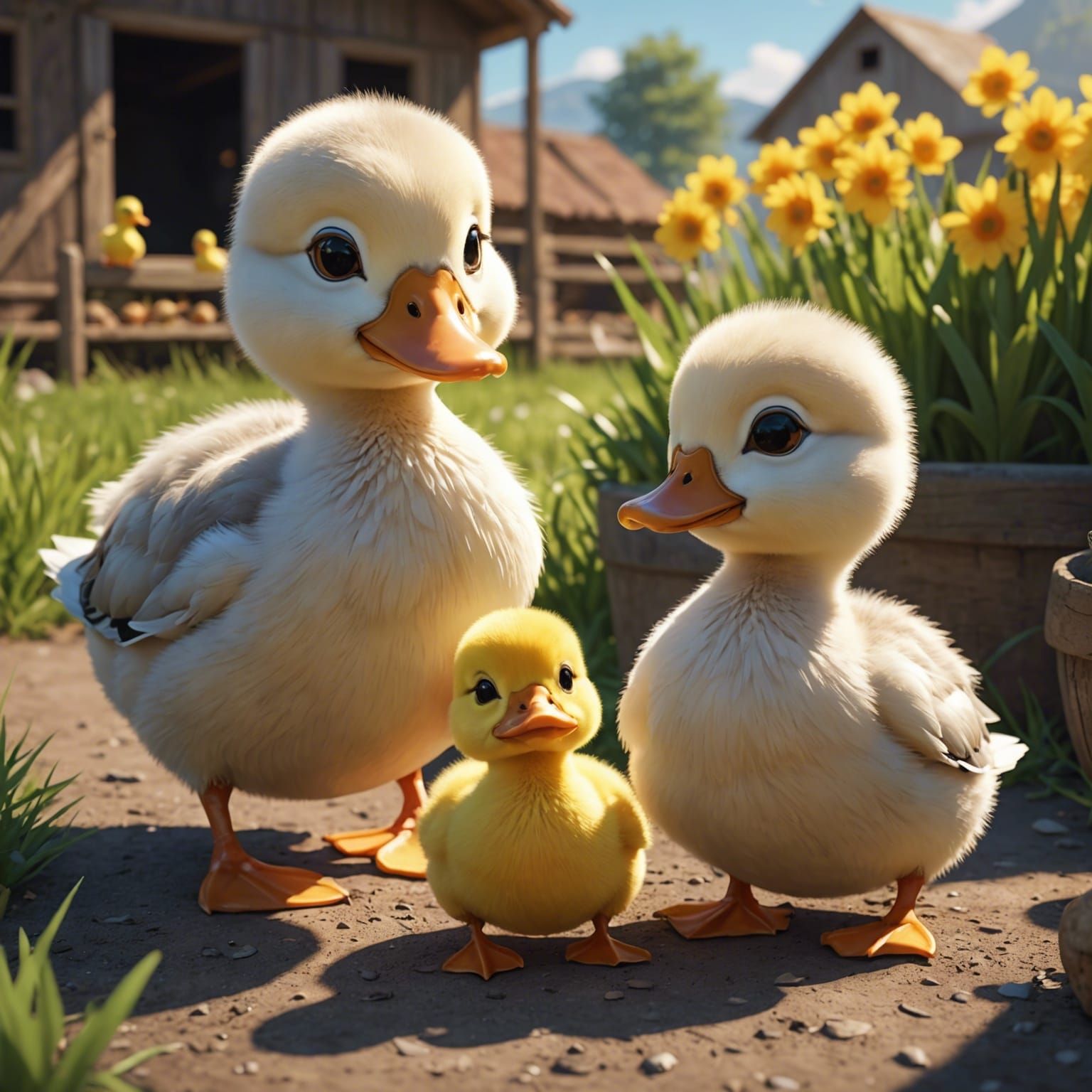 Cute Ducklings in Anime Style on a Farm