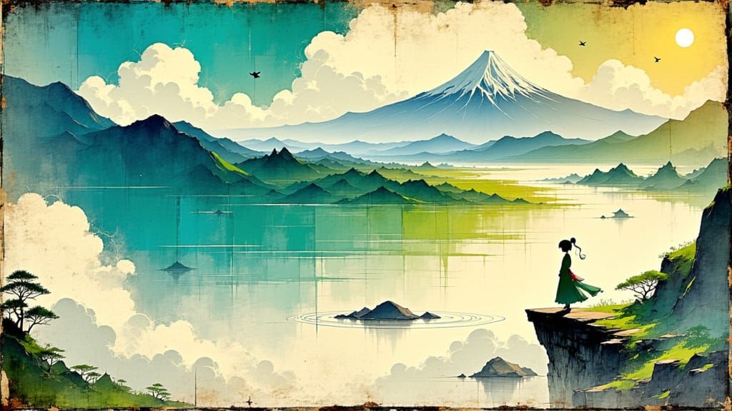 Luminous Blue Waves in Suminagashi Art