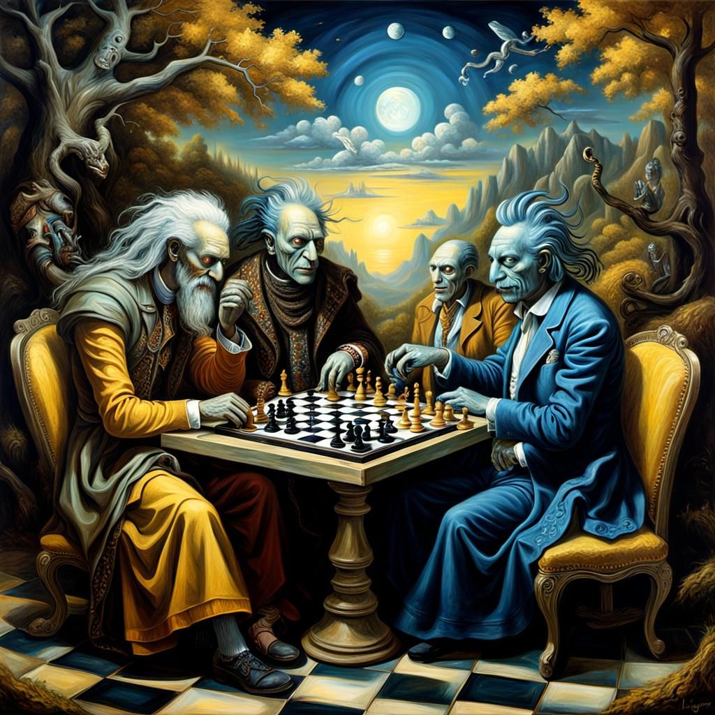 Cosmic Chess Game in Oil Painting Style