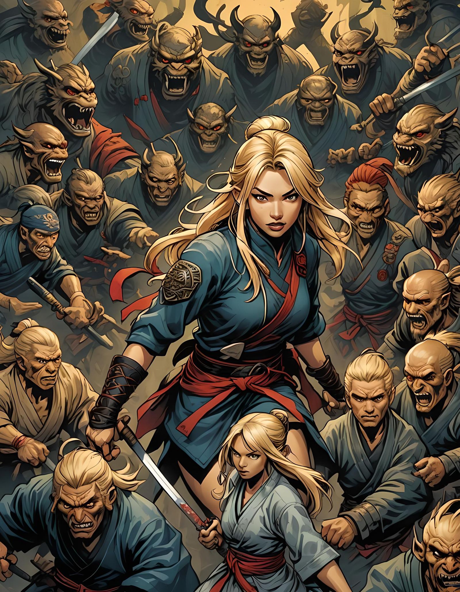 Blonde girl surrounded by tengu's ninjas