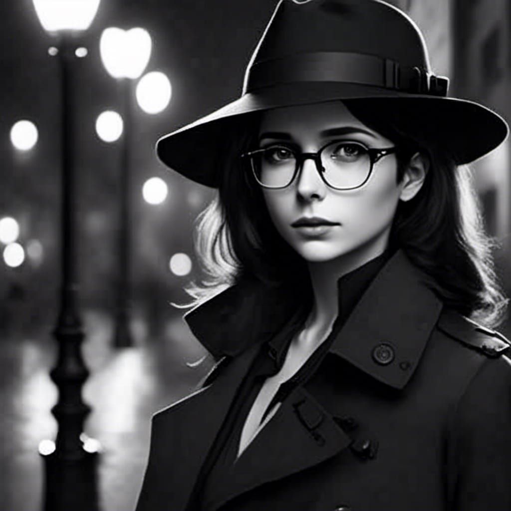 Noir Photograph of Woman in Fedora and Trenchcoat