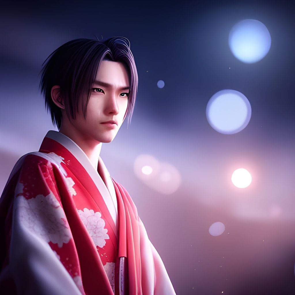 Anime Man in Kimono with Starry Bokeh