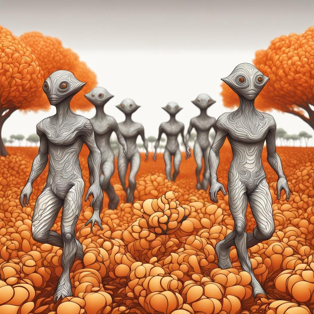 Orange Head Aliens in Abstract Fractal Art