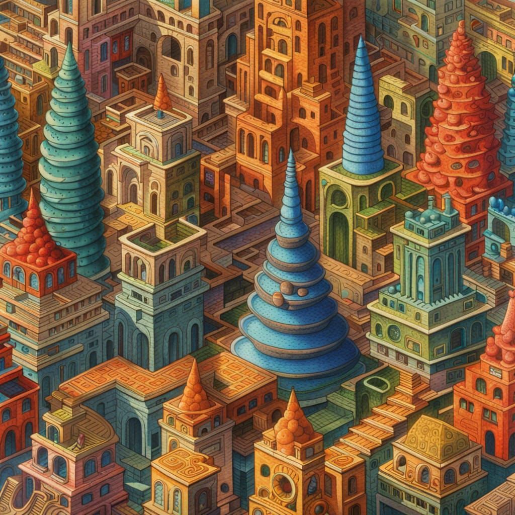 Intricate Fractal Maze Architecture in Gouache Style