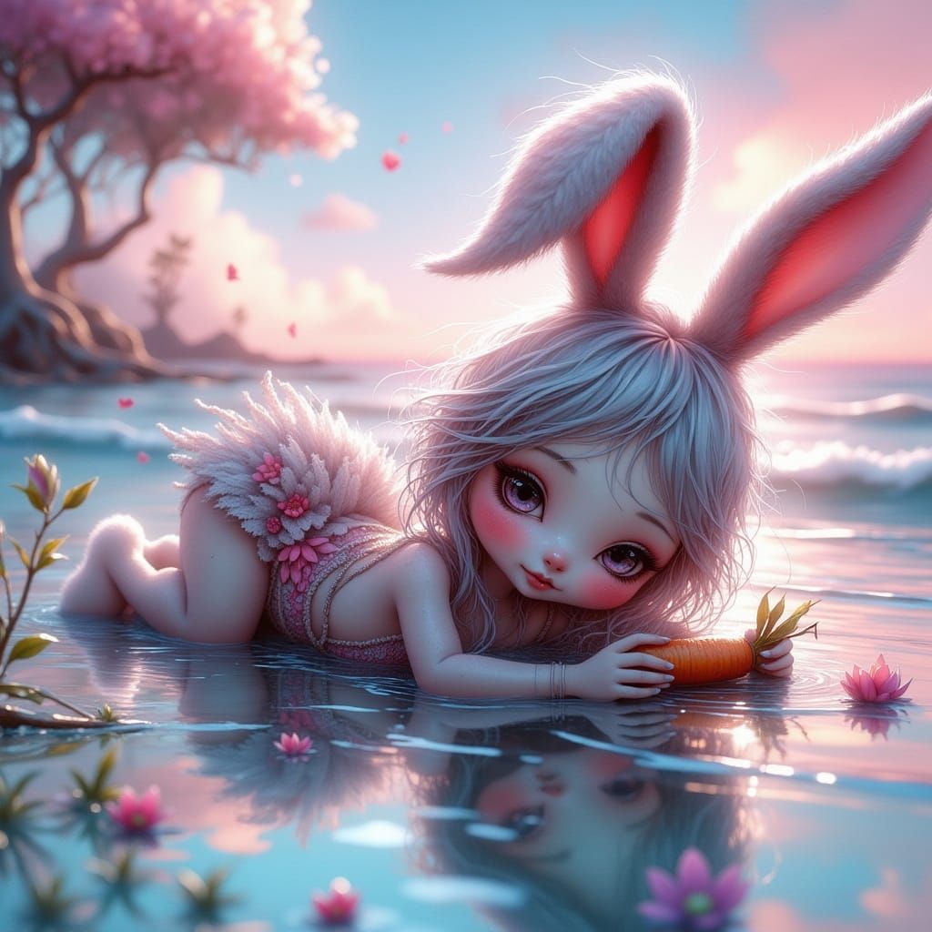 Gothic Anthro Bunny in Lace Underwear with Carrot