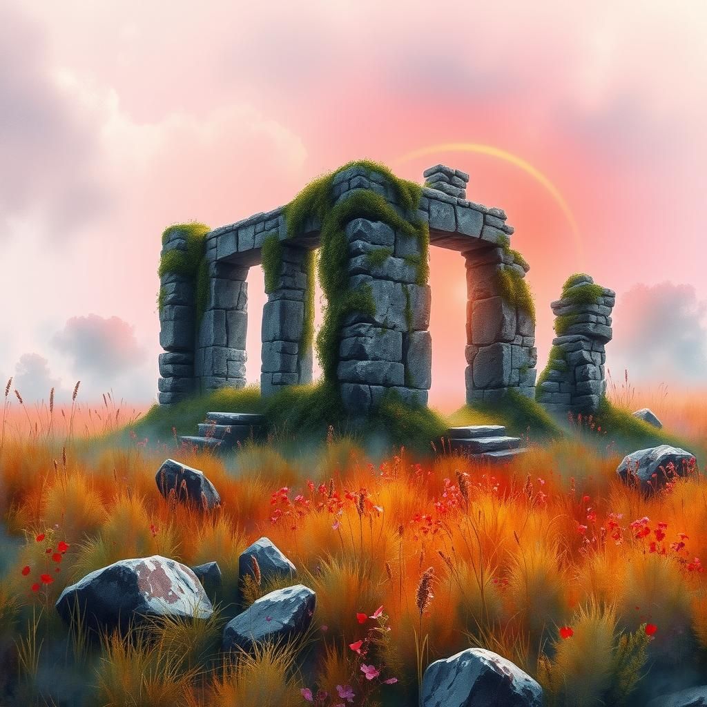 Misty Stone Ruins in Watercolor Airbrush Style