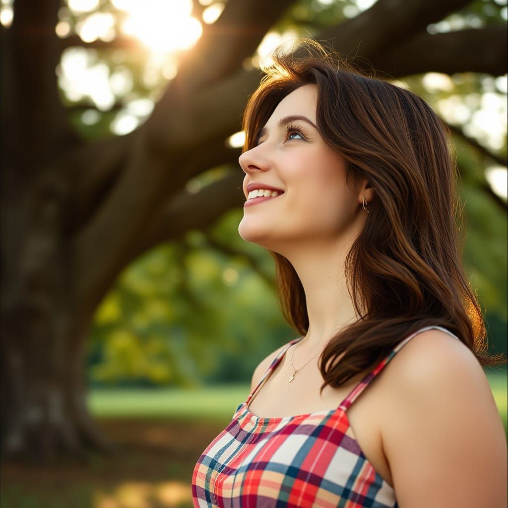 Woman Smiles at Sun in Summer Dress: Cinematic Portrait