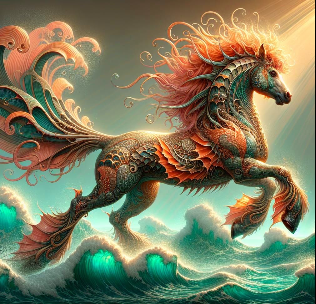 Mythical Seahorse in Towering Turquoise Waves