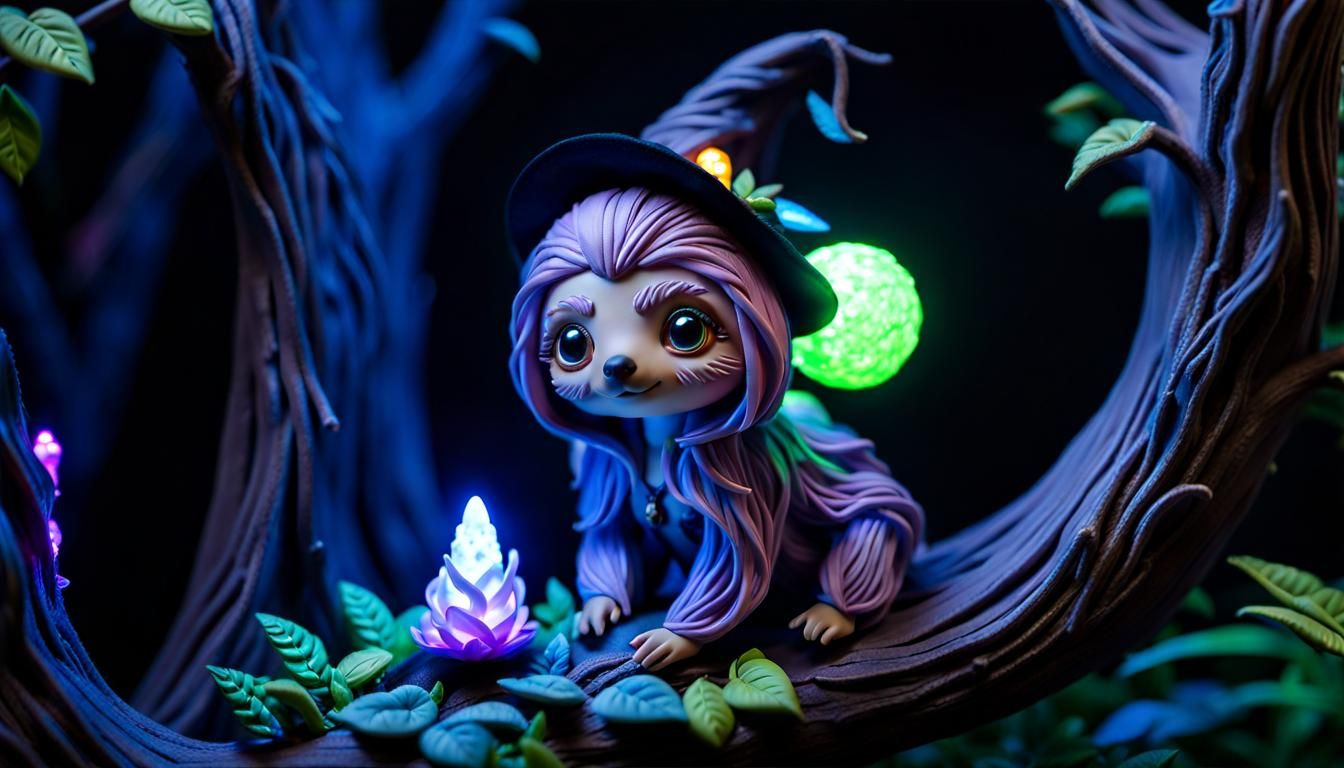 Chibi Sloth Witch in Bioluminescent Forest