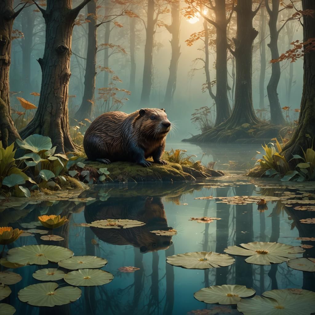 Beaver in Misty Forest, Fantasy Concept Art