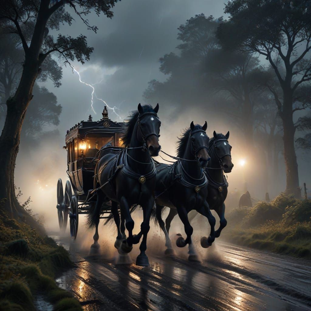 Mystical Carriage Gallops Through Stormy Forest in Photoreal...
