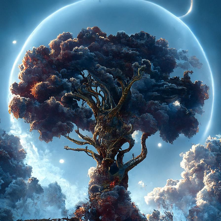 Yggdrasil World Tree Piercing Clouds: Hyperdetailed Painting