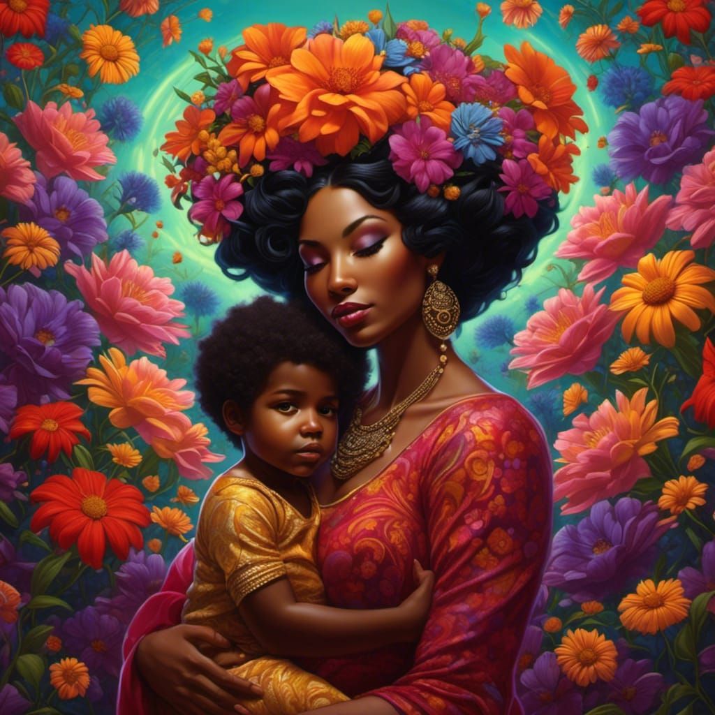 Mother and Son Surrounded by Flowers in Warm Light