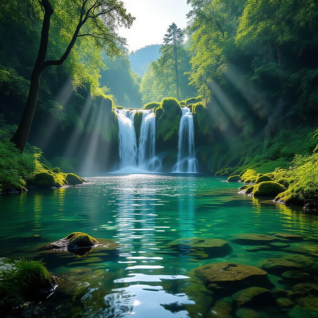 Pastoral Waterfall Landscape with Reflected Light Rays