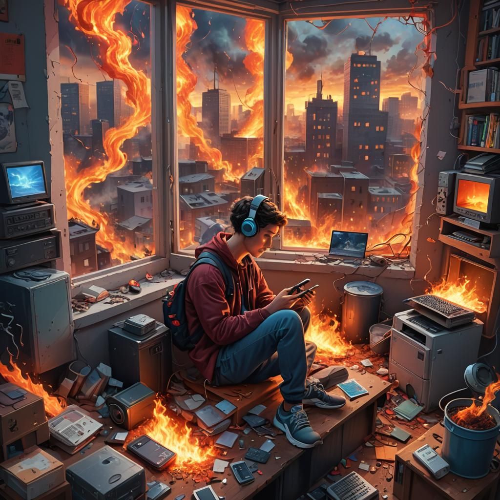 Person Ignores Fire Alarm in Fantasy Digital Painting