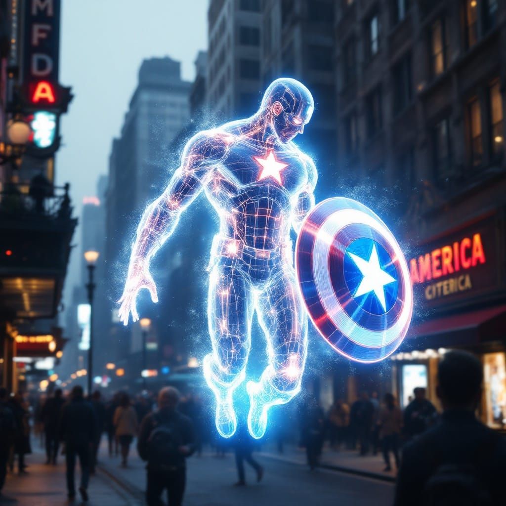 Captain America Hologram Shines Bright in Neon Cityscape