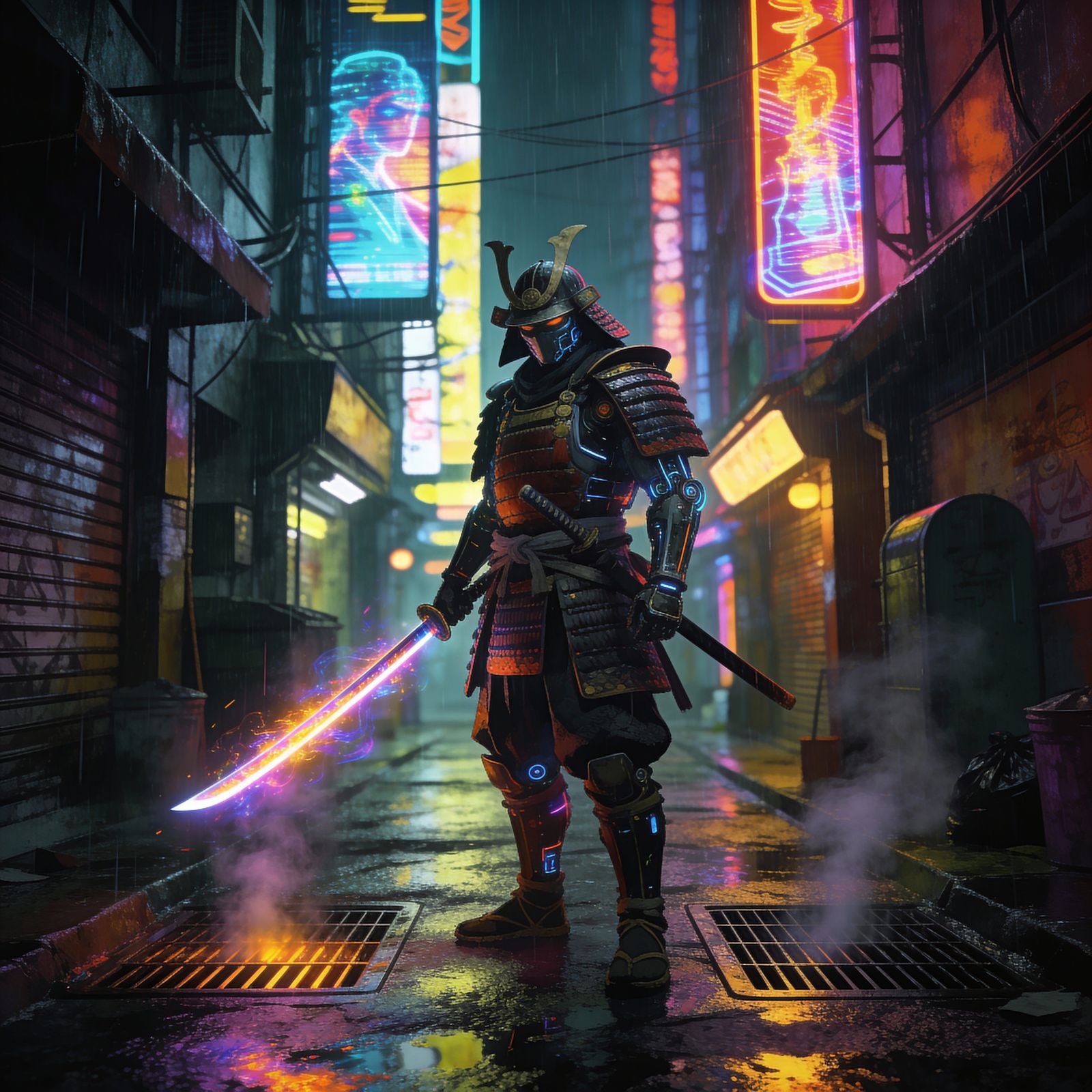 Cyberpunk Samurai With Glowing Katana in Neon City