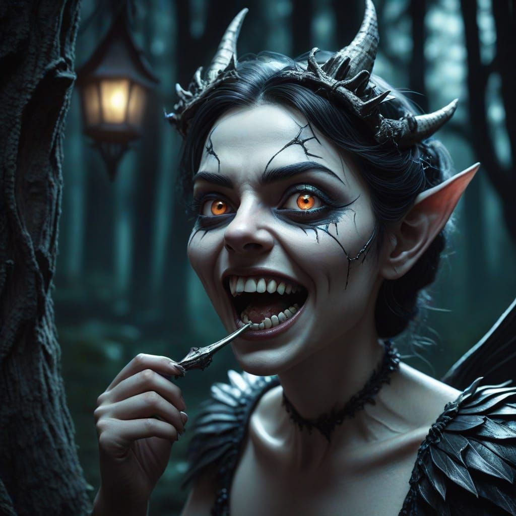 Gothic Tooth Fairy in Dark Forest: Macro Photography