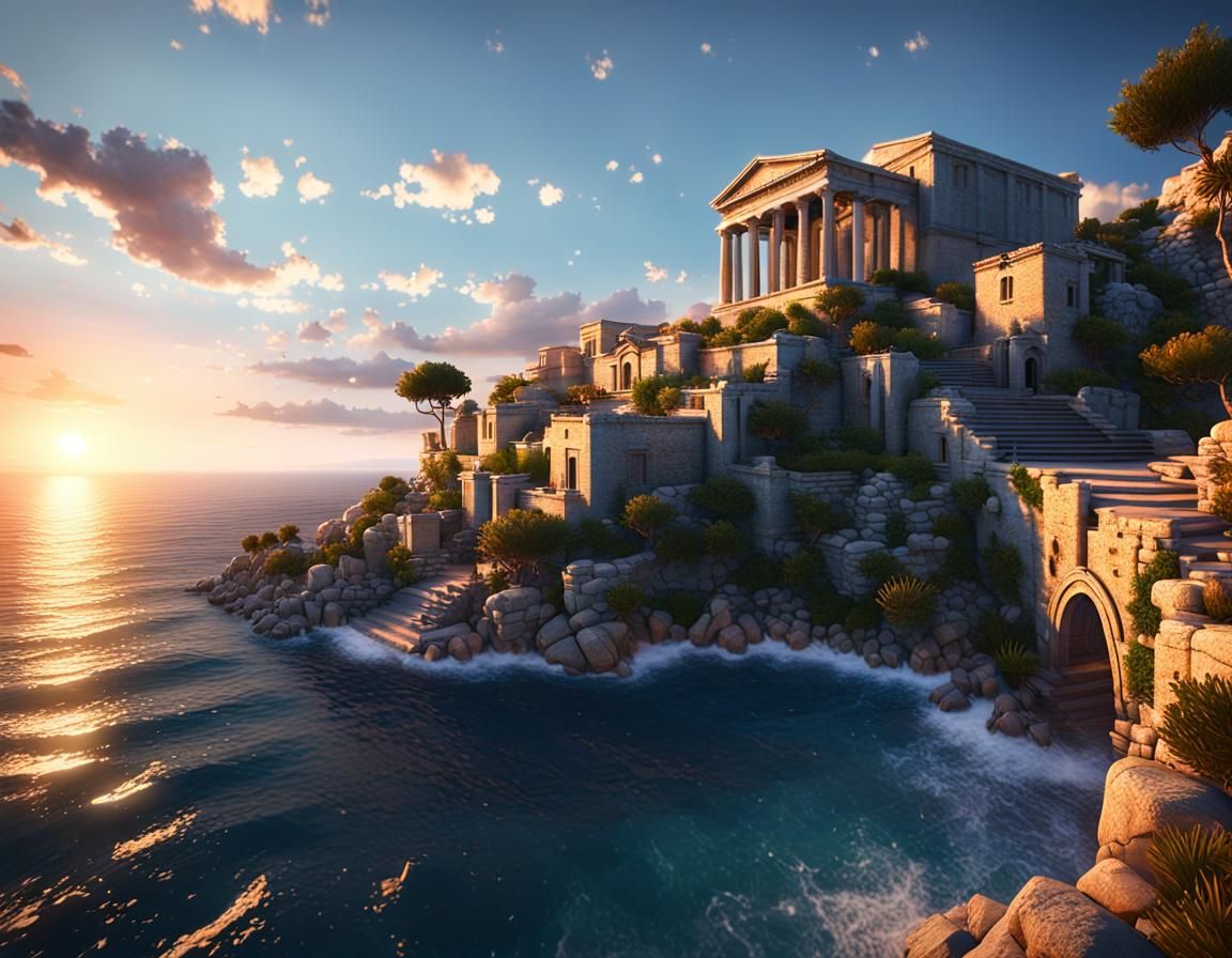 Mediterranean Coastline Sunset in 3D Game Style