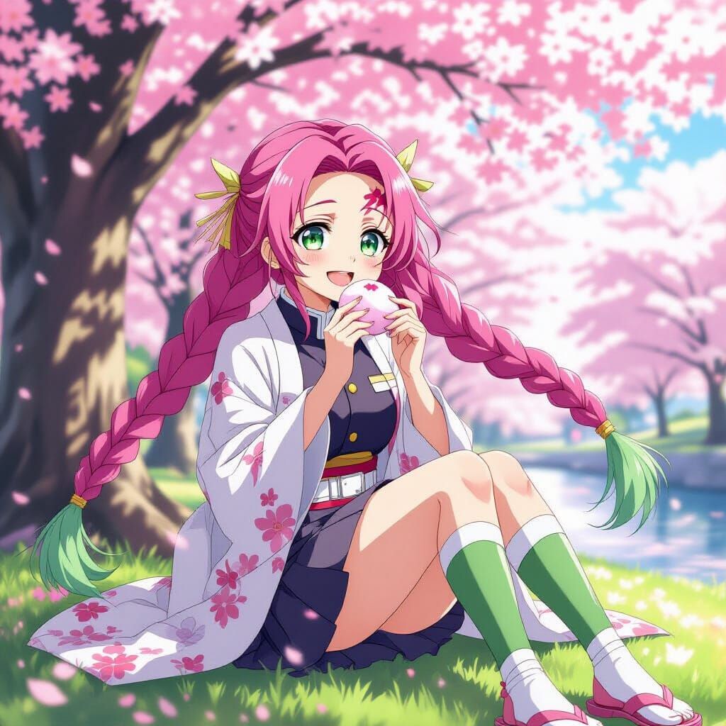 Joyful Mitsuri Kanroji Eating Sakura Mochi by Cherry Blossom...