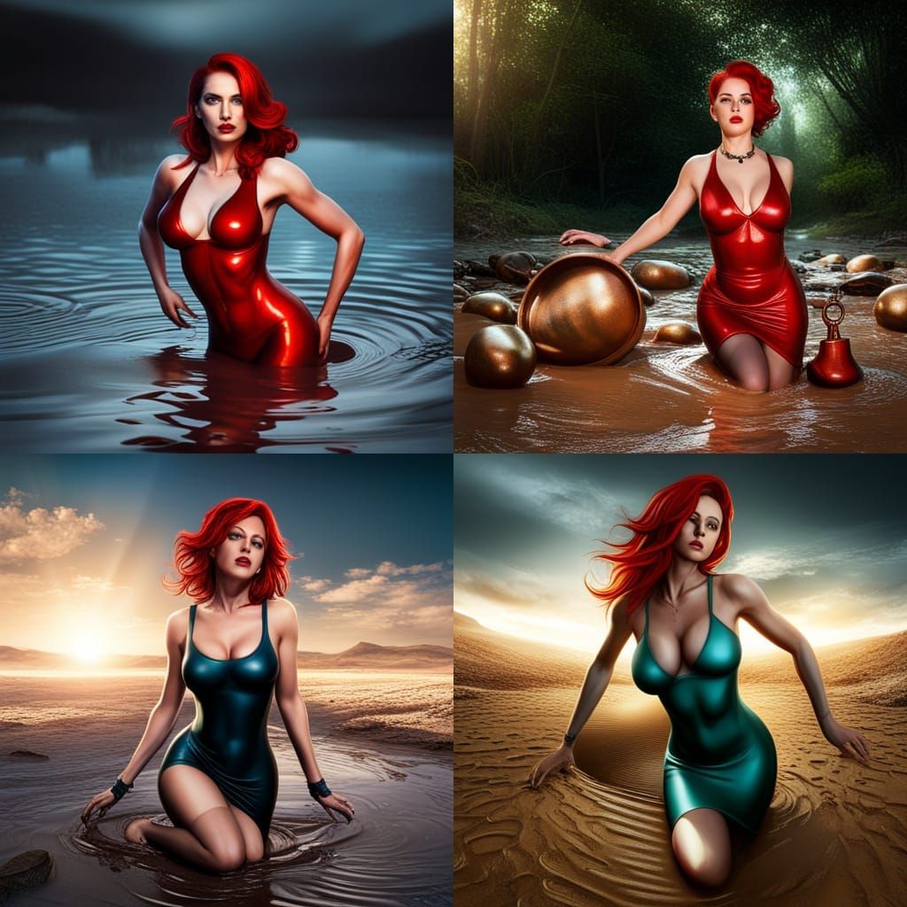 Redhead in Latex Dress Sinking in Quicksand