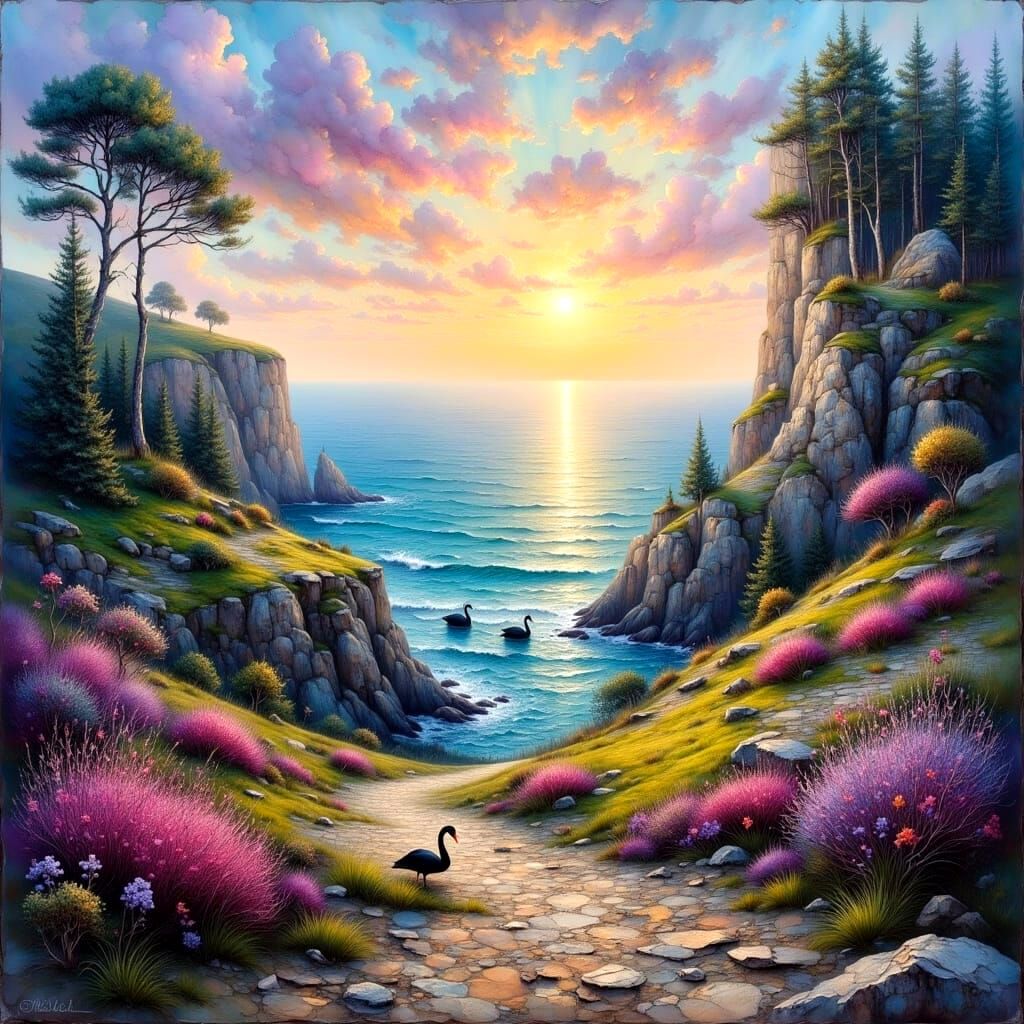 Fantasy Landscape with Black Swans: Impasto Oil Painting