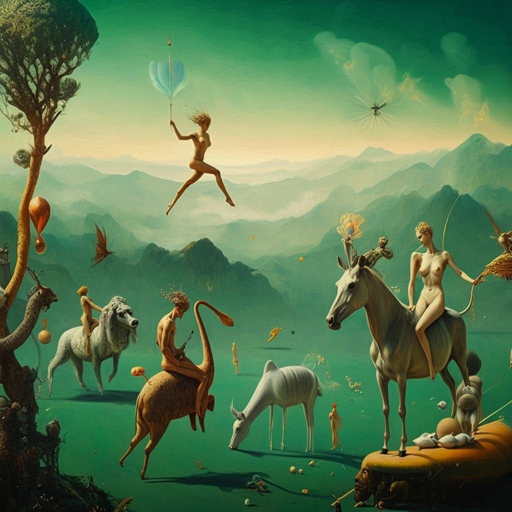 Dreamlike Gathering on Emerald Field in Surreal Style
