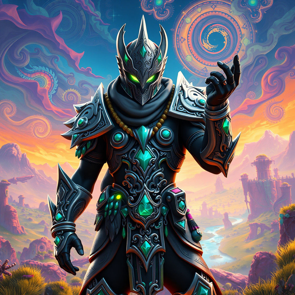 Heroic Armored Figure in Mystical Landscape