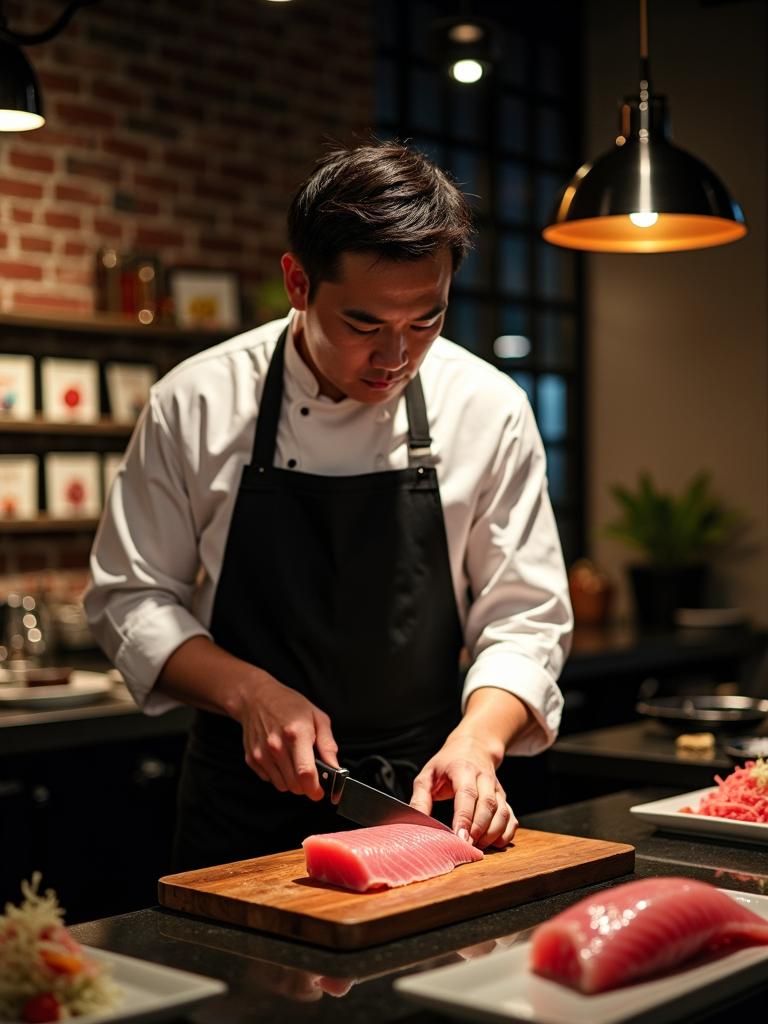 Japanese Chef Cuts Tuna in Chic Izakaya