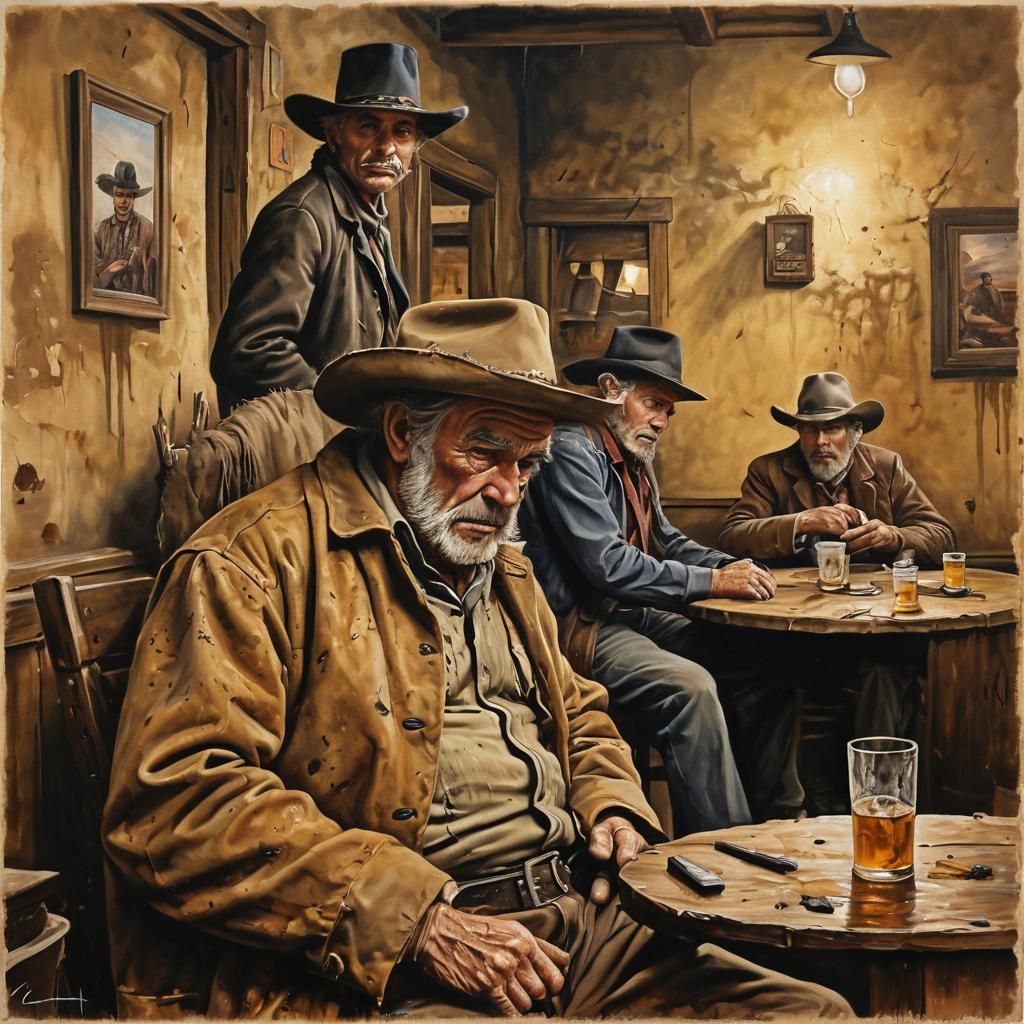 Highly Detailed Oil Painting of Grumpy Old Cowboys in a Rund...