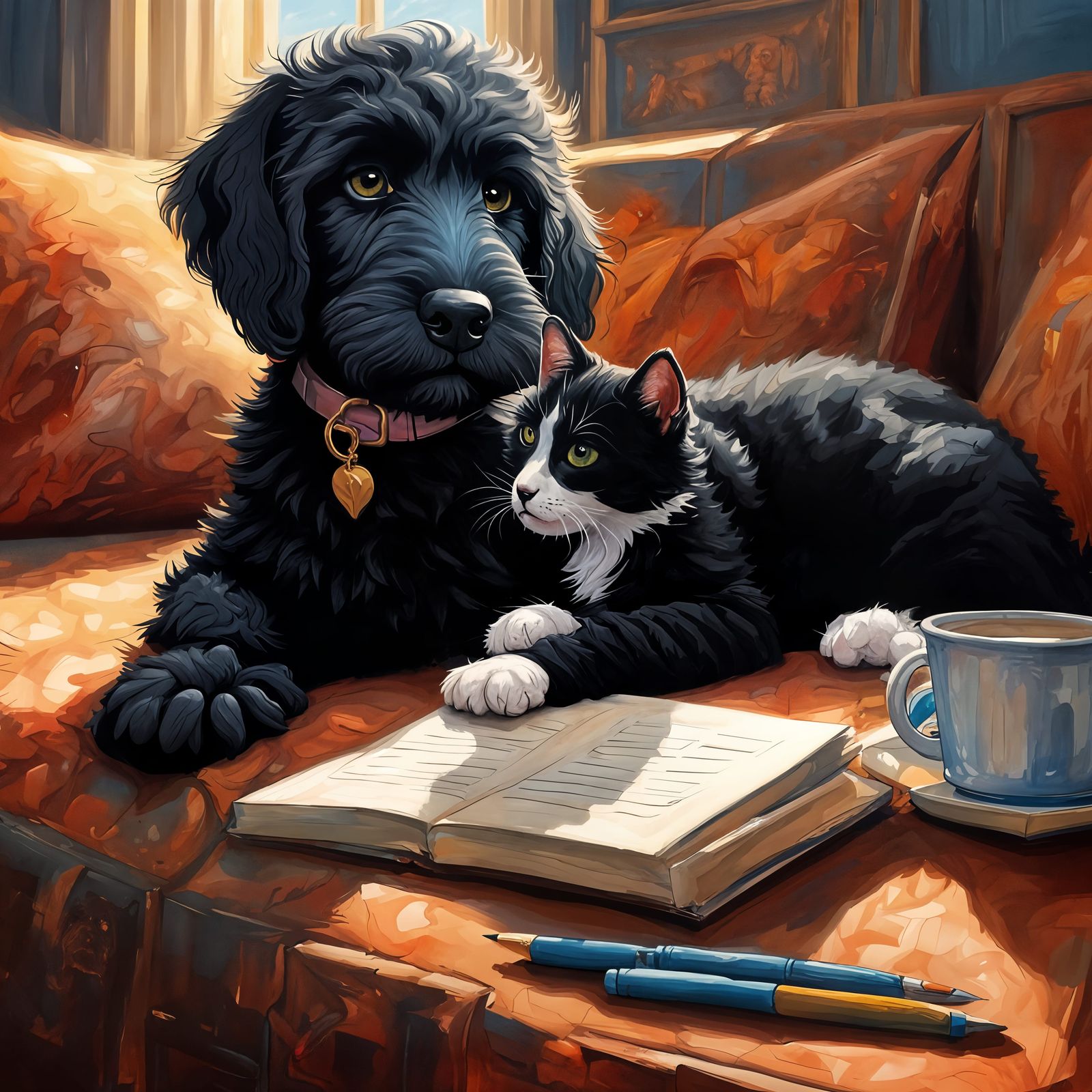 Labradoodle Puppy and Tuxedo Cat, Oil Painting