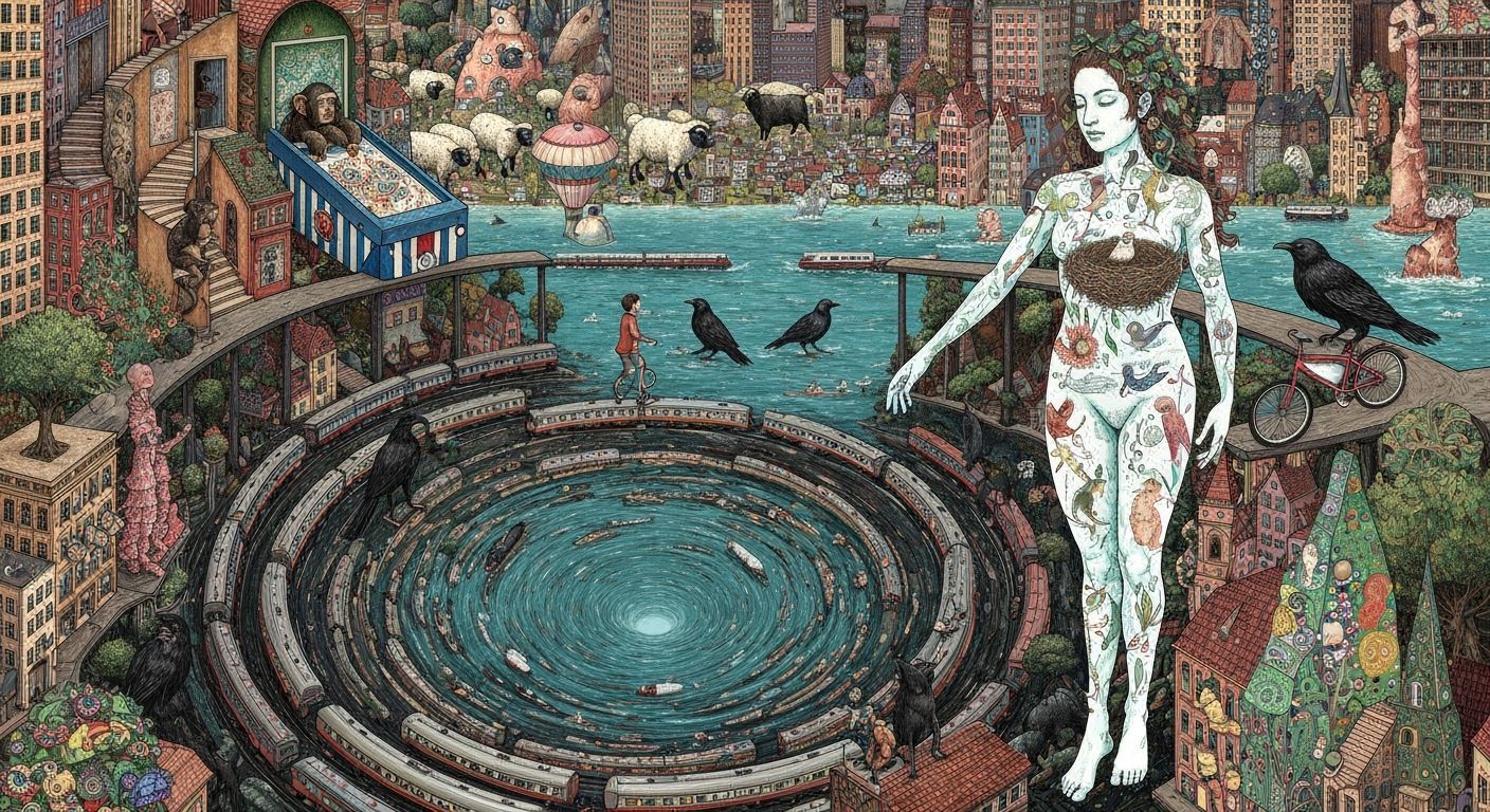 Bioluminescent Figure in City Whirlpool: A Surrealist Utopia