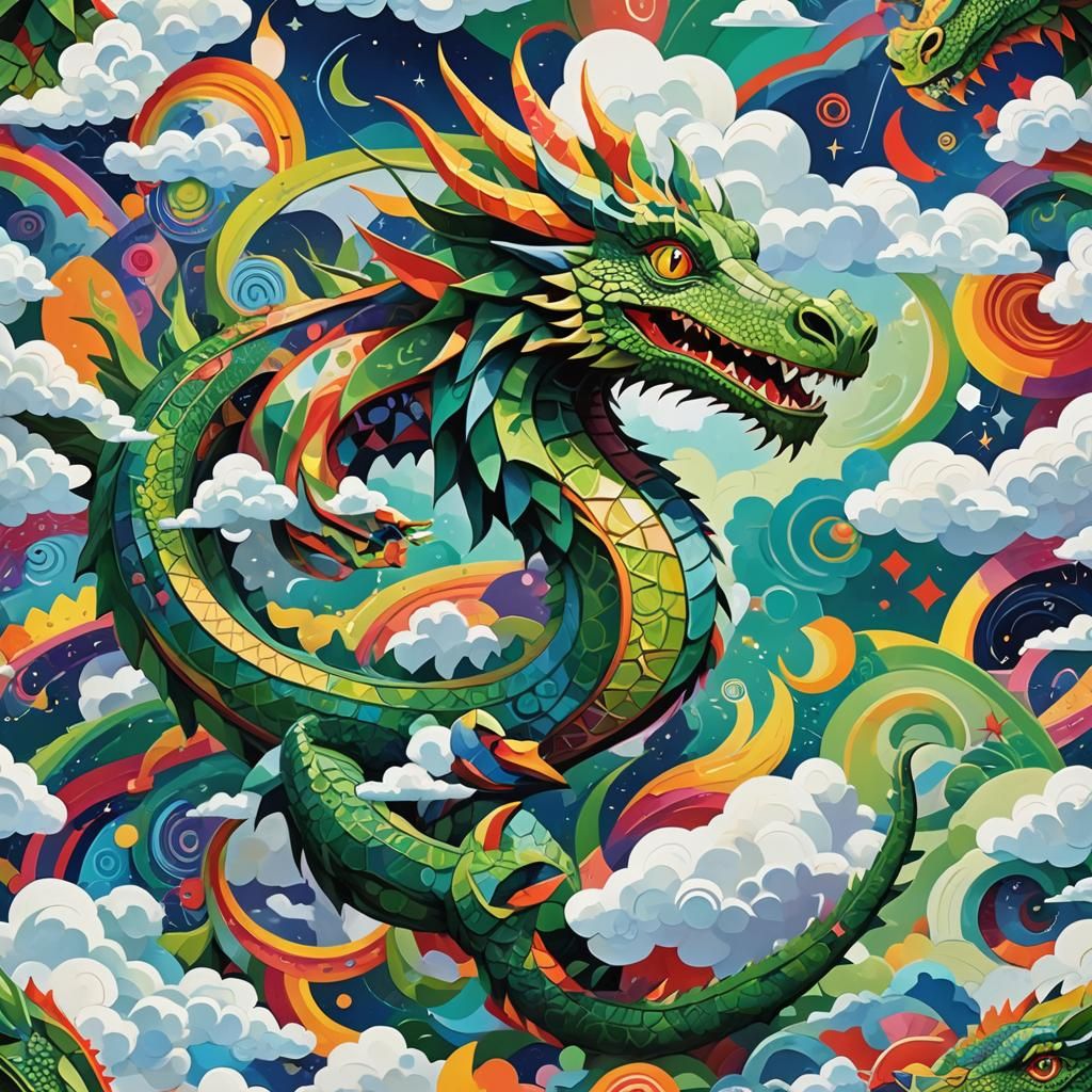 Vibrant Cubist Dragon Strikes Colorful Textiles