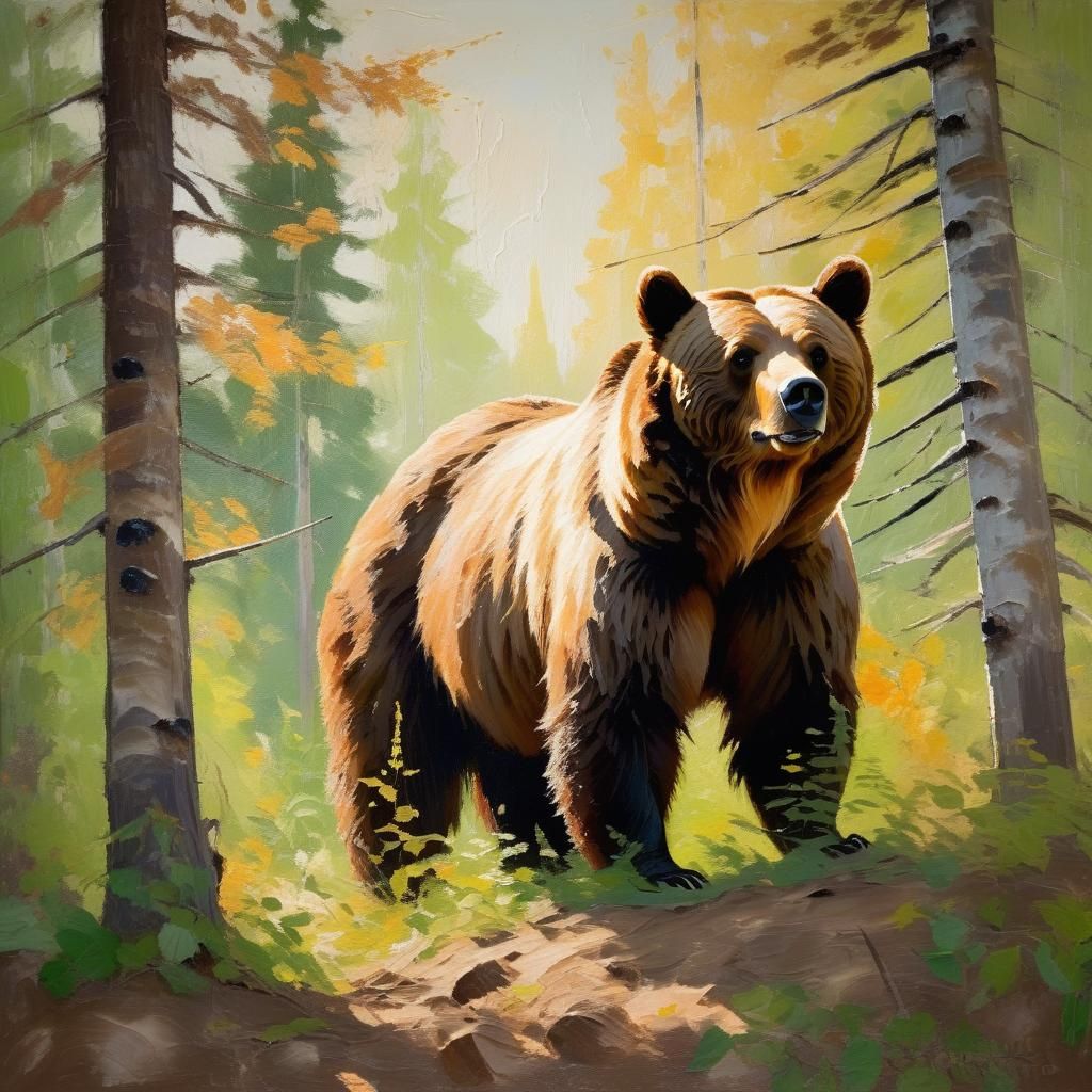 Grizzly Bear in Forest: Impressionist Oil Painting