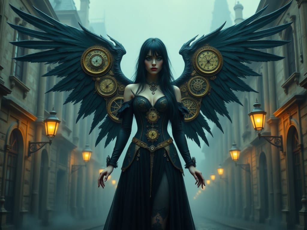 Clockpunk Fallen Angel in Rainstorm