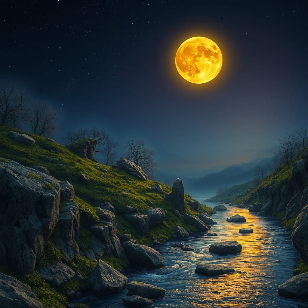 Mystical Moonlit Landscape in Detailed Matte Painting Style